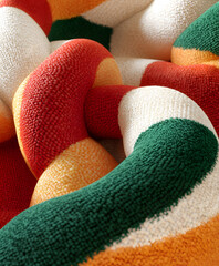 Poster - A colorful, textured arrangement of vibrant fabric strands twisted together, showcasing a blend of red, green, white, and orange hues