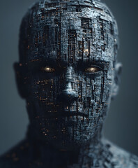 Poster - A dark, robotic figure with a textured surface and glowing eyes, representing a blend of technology and humanity