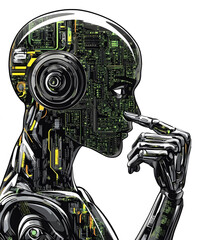 Poster - A sleek, futuristic humanoid robot with circuit patterns, wearing headphones, appears deep in thought, symbolizing technology and artificial intelligence
