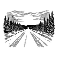 Wall Mural - snowy road with pine tree and mountain view black and white outline line art drawing