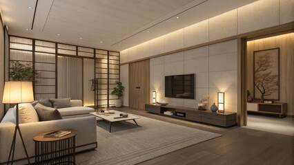 Sticker - Elegant Modern Living Room Interior Design with Cozy Furnishings and Warm Lighting