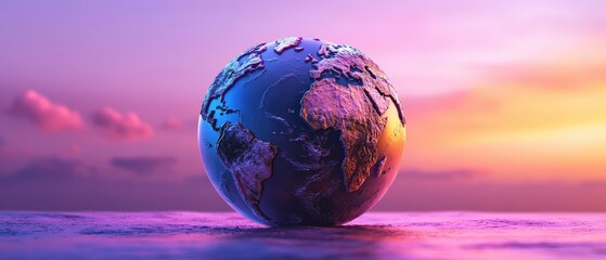 Aufkleber - Globe on table with sunset background and pastel shades representing global connectivity and human resources