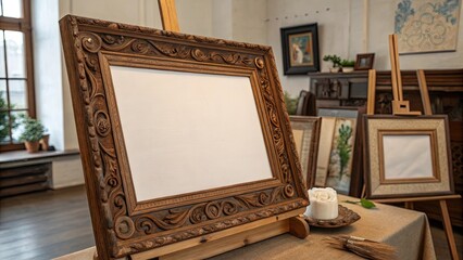 Wall Mural - Ornate Wooden Picture Frame in Artist Studio with Blank Canvas on Display and Minimalist Decor