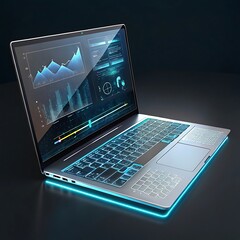A high-tech, transparent laptop with a holographic keyboard, displaying 3D data visualizations.
