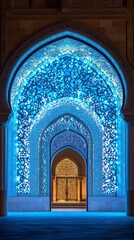 Poster - An enchanting archway adorned with intricate blue Islamic designs welcomes visitors. The luminous patterns create a mesmerizing atmosphere, inviting exploration and wonder as daylight fades