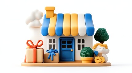 Poster - Small house with a blue door and white roof set against a clear sky in a residential neighborhood