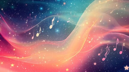 Aufkleber - Colorful abstract background with music notes and wavy patterns in a starry night sky. Generative AI