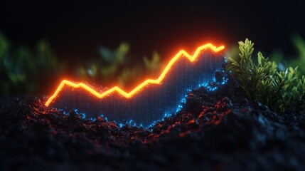 Poster - Neon mountain line with green leaf and blue growth graph business chart data diagram