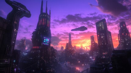 Wall Mural - Breathtaking futuristic cityscape at purple sunset with neon lights, ideal for cyberpunk aesthetic