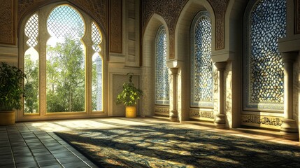 Poster - Warm sunlight filters through intricately designed windows, illuminating a peaceful mosque interior adorned with lush greenery and delicate patterns. Serenity envelops the space