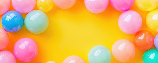 Poster - A colorful arrangement of pastel balls creates a vibrant circular frame against a bright yellow background.