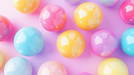Poster - A vibrant collection of colorful, glossy balls arranged on a soft pastel background, creating a playful and cheerful aesthetic.