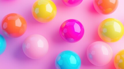 Poster - A colorful arrangement of shiny, round balls on a pink background, featuring vibrant colors like pink, blue, yellow, and orange.