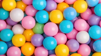 Poster - A vibrant assortment of colorful plastic balls in various shades scattered together, creating a playful and cheerful atmosphere.