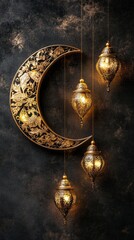 Poster - Delicate gold crescent moon adorned with intricate designs hangs gracefully against a dark background, while four ornate lanterns illuminate the surroundings with a soft, inviting light