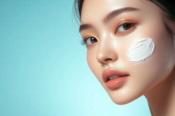 Wall Mural - beautiful beauty asian woman with skincare cream smear applied on her facial skin against pastel bac