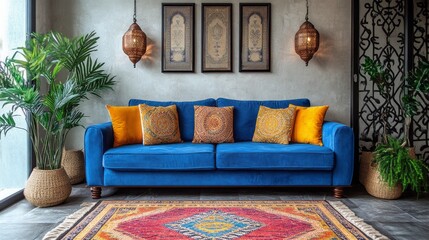 Poster - A lively living room features a striking blue sofa adorned with patterned cushions, elegant lanterns, and vivid plants, creating a warm and inviting atmosphere perfect for unwinding