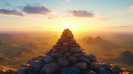 Poster - Photographer capturing vibrant sunset over distant mountains with pile of rocks in foreground