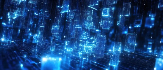 Poster - abstract blue digital landscape with glowing cubes