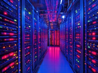 Poster - Vibrant Data Center with Colorful Server Lights