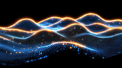 Poster - Abstract blue and orange glowing particle wave.  Dynamic, futuristic design perfect for tech, data visualization, AI, and network concepts.  Represents flow, connectivity, and innovation.