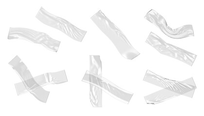 3d set of transparent adhesive plastic tape isolated on background png render. clear crumpled sticky