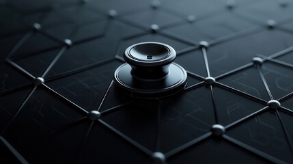 Fototapete - Stethoscope rests on a digital health chart concept. A close-up view of a metallic object resting on a textured black surface with a geometric pattern, highlighting depth and detail.