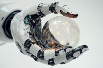 Poster - a robot hand delicately cradling a glowing orb, symbolizing technological advancement, artificial in