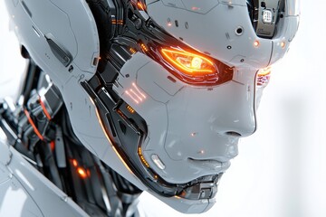 Poster - a captivating close-up of a futuristic robot face with glowing orange eyes, set against a bright whi