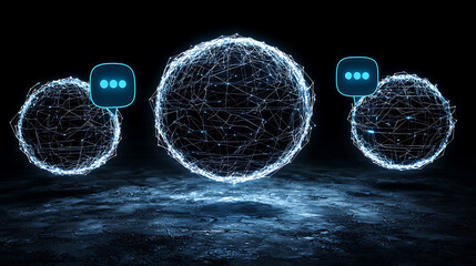 Poster - Abstract glowing spheres interconnected, symbolizing global communication and network.  Futuristic, stylish design ideal for tech, AI, and connectivity concepts.