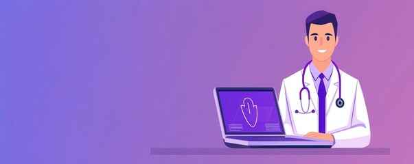 Aufkleber - A digital illustration of a doctor with a laptop, showcasing telemedicine and modern healthcare technology in a professional setting.