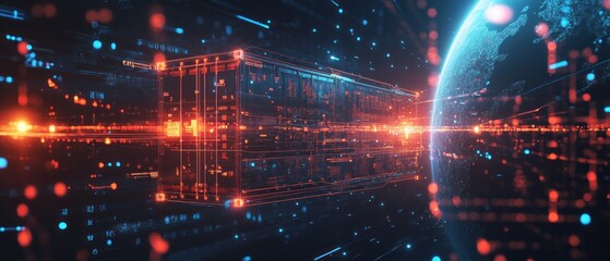 Poster - Futuristic digital landscape with glowing data streams