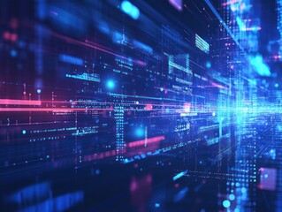 Poster - Abstract representation of digital data flow with vibrant blue and pink light streaks, illustrating technology and innovation in a futuristic setting