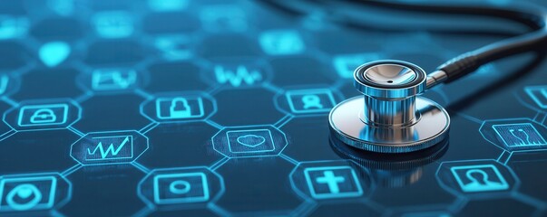 Fototapete - A stethoscope rests on a digital interface filled with various health-related icons, symbolizing the intersection of technology and healthcare.