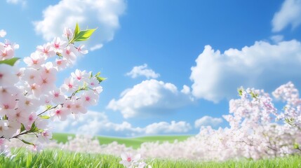 Wall Mural - Spring blossoms, green field, blue sky, clouds, nature scene