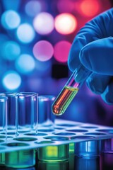 Poster - A close-up of a scientist's hand holding a test tube filled with colorful liquid, surrounded by laboratory equipment and vibrant bokeh lights