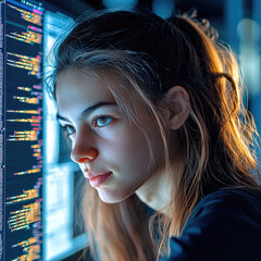 Poster - A 19-year-old woman with long, and is writing code on computer.