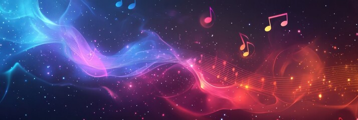 Wall Mural - Colorful music notes float through a cosmic background with waves of vibrant light in a blend of blue, pink, and orange. Generative AI