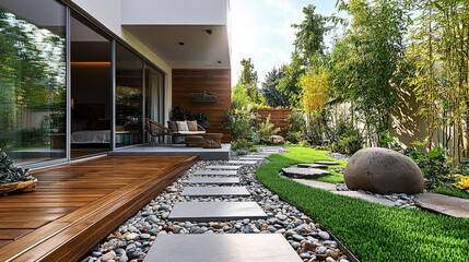 Aufkleber - A modern garden courtyard with wooden slats, green grass, and pebbles, featuring comfortable seating for relaxation. The space is adorned with plants like bamboo, olive trees, and ivy.