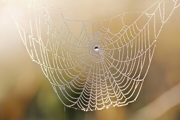 Poster - A mesmerizing spiderweb covered in dewdrops, illuminated by soft golden light, creates a delicate and intricate natural masterpiece in the morning.
