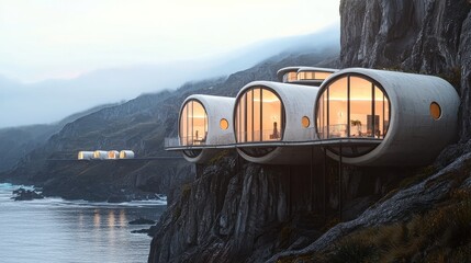 Poster - A futuristic cliff village.