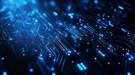 Poster - abstract close-up of a blue circuit board illuminated with glowing lights, showcasing a futuristic t