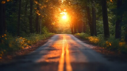 Wall Mural - A road with a sun shining through the trees