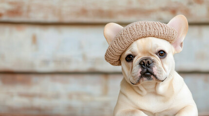 Wall Mural - A cream-colored French Bulldog wearing a tiny beret.