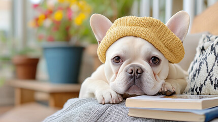 Wall Mural - A cream-colored French Bulldog in a tiny beret, high fidelity image.