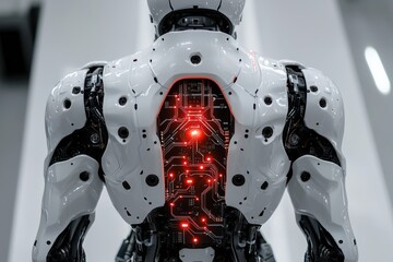 Poster - a close-up shot of a futuristic white robot with exposed back panel showing intricate circuits and g