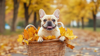 Wall Mural - A French Bulldog sitting in a basket on a bicycle in high fidelity.