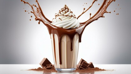 Wall Mural - a thick stream of rich chocolate syrup pours over a luscious milkshake creating glossy streaks across the whipped cream topping the clean white background enhances the desserts sweetness and indulge