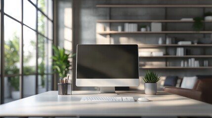 Poster - interior background concept - blurred working place at home with computer