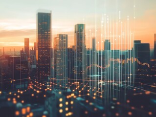 Poster - Urban skyline at sunset with data visualization overlay